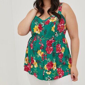 Torrid Fit And Flare Floral Rayon Slub Lace-Up Back Tank